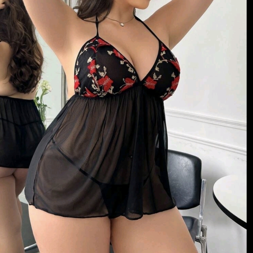 Plus Butterfly Embroidery Mesh Slips With Thong